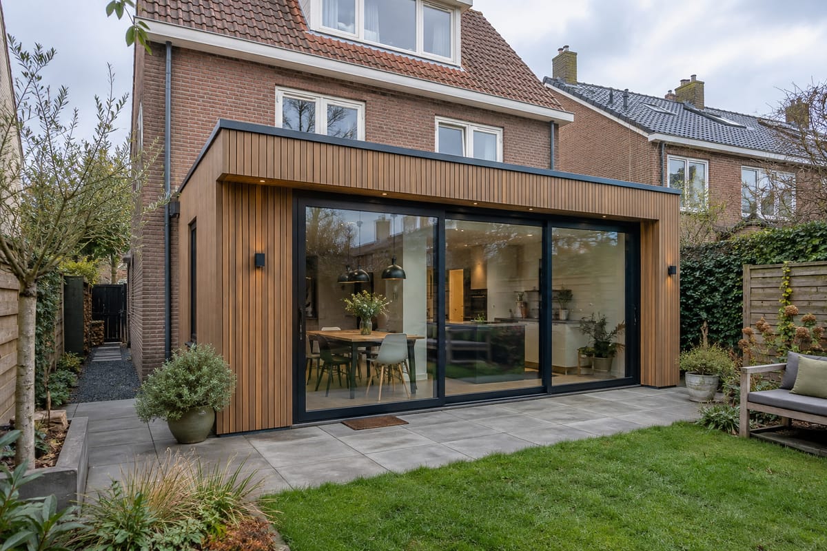 Moderne houten aanbouw aan een Nederlandse bakstenen woning